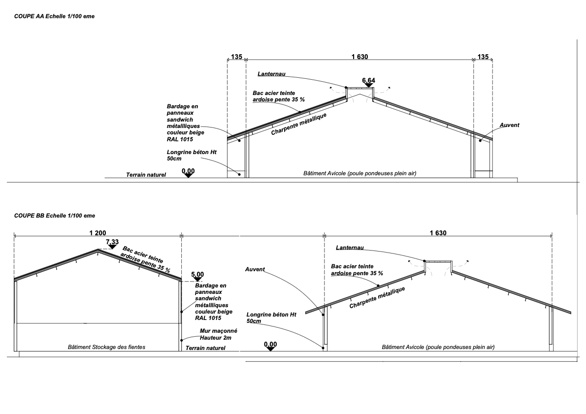 Coupe permis de construire bâtiment agricole d'élevage de poules pondeuses