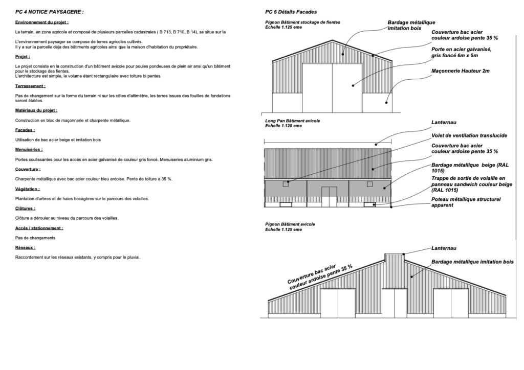 Détails des facades d'un permis de construire d'un bâtiment d'élevage de poules pondeuses