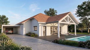 Rendu 3D d’une maison avec tuiles rouge brun vieilli