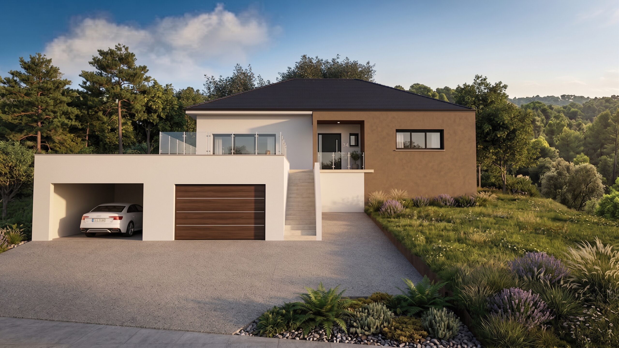Vue 3D d’une maison sur terrain en pente