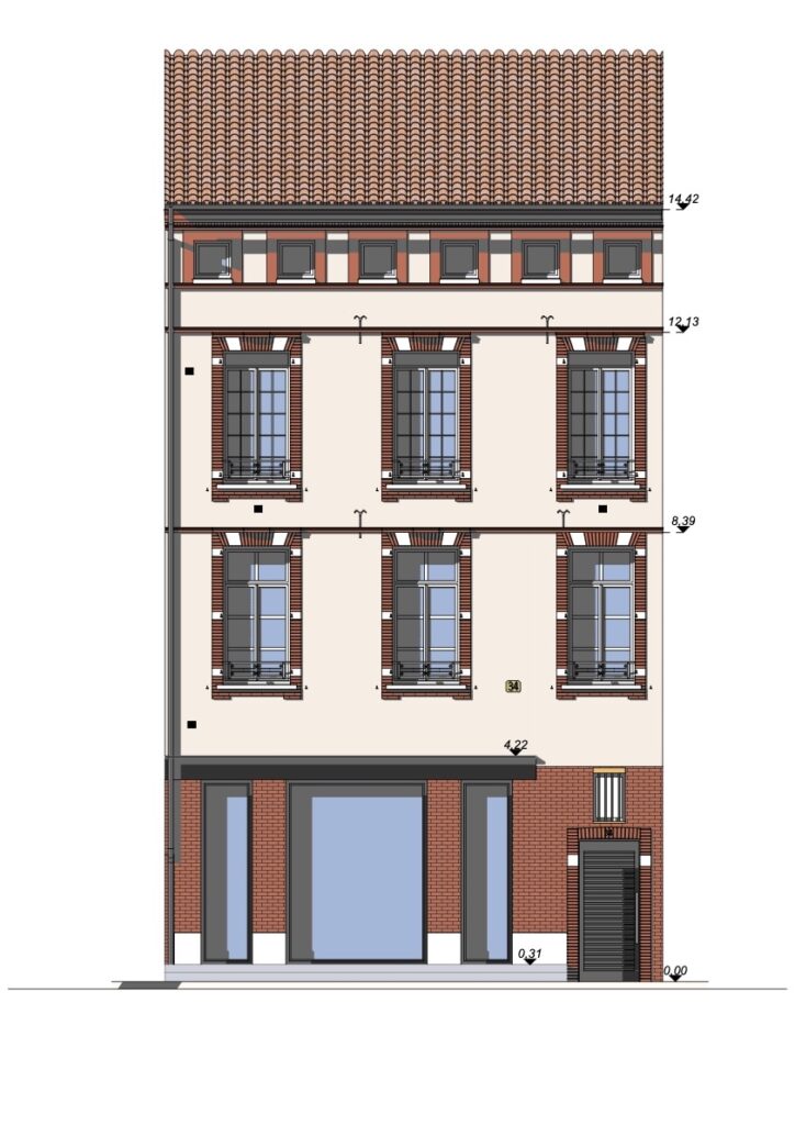 Exemple de plan de façade PCMI 5 avec hauteurs et matériaux